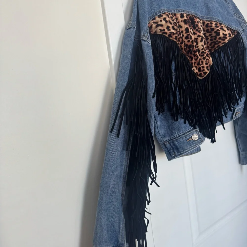 Shein Denim Fringe Jacket with Leopard Print - Picture 5 of 5